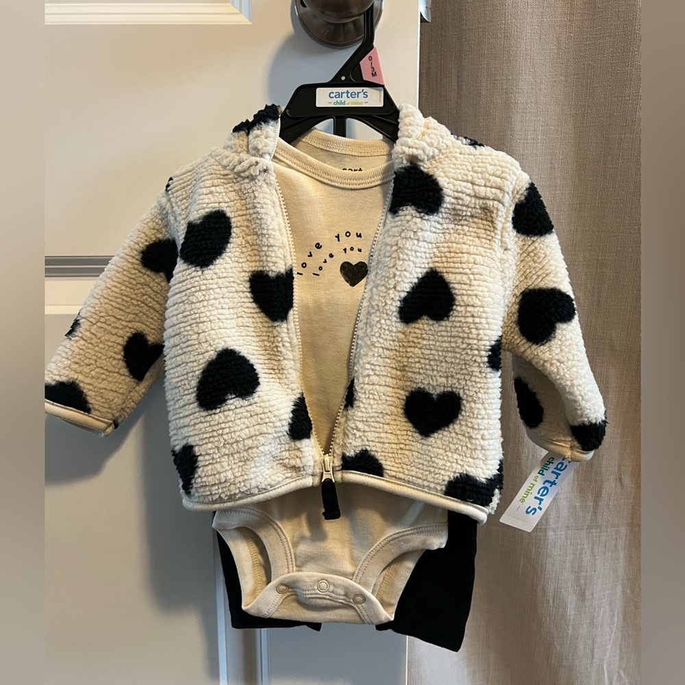 Carter's Cream Sherpa Jacket with Black Heart Print and Matching Bodysuit